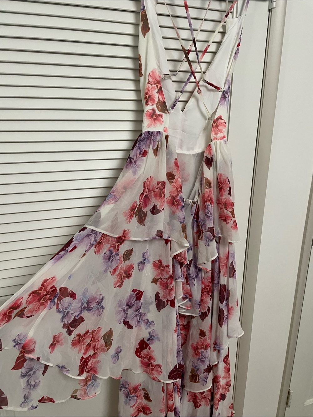 Fame and Partners White Gown with Pink & Purple Floral Print